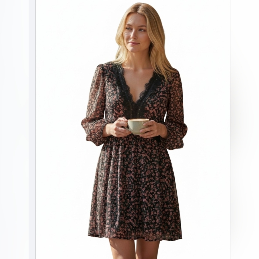 Zara Black and Pink Floral Long Sleeve Dress. Size M